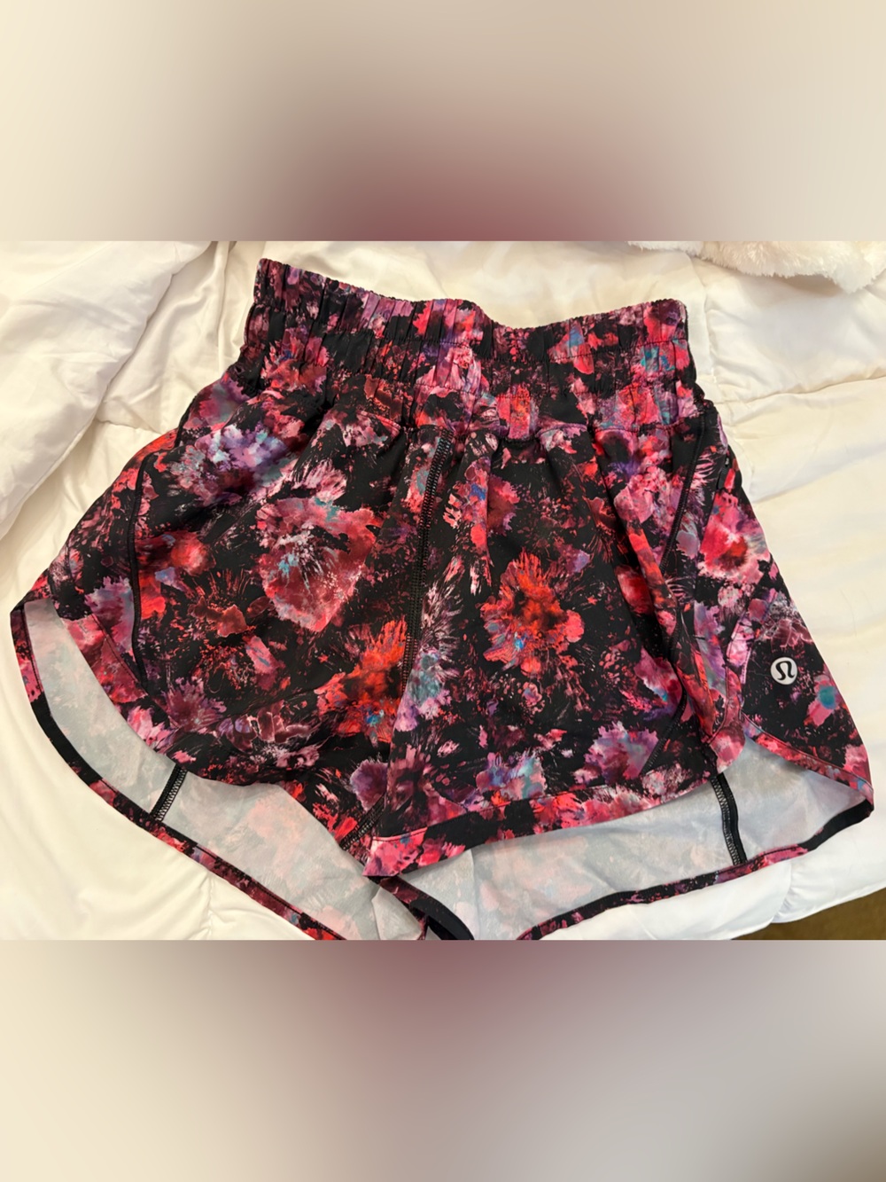 Lululemon Floral Running Shorts - Black with Pink & Red Flowers